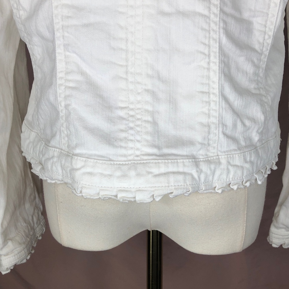 Cotton Women's Ruffle-Trim White Jean Jacket Size Large Spring Summer - Picture 10 of 14